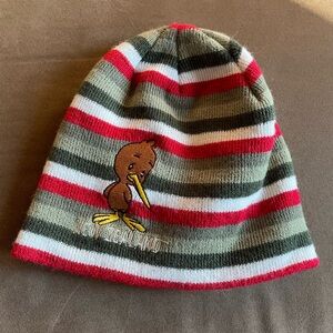 Derek of New Zealand Kiwi Bird Beanie Hat with green, red, and white stripes EUC